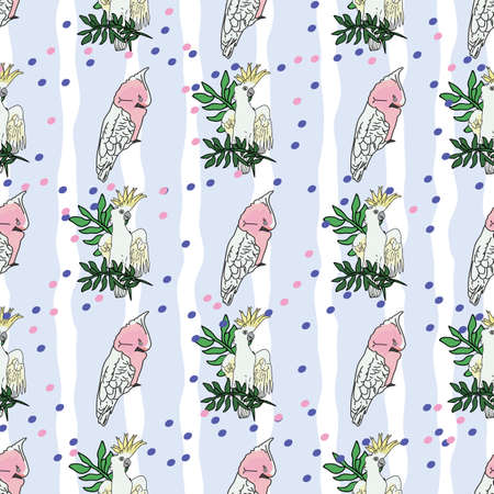 Vector pastel blue background tropical birds, parrots, exotic cheese plant, monstera, hibiscus flowers. Seamless pattern backgroundのイラスト素材