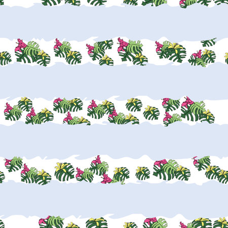 Vector pastel blue background tropical, exotic cheese plant, monstera, hibiscus flowers. Seamless pattern backgroundのイラスト素材