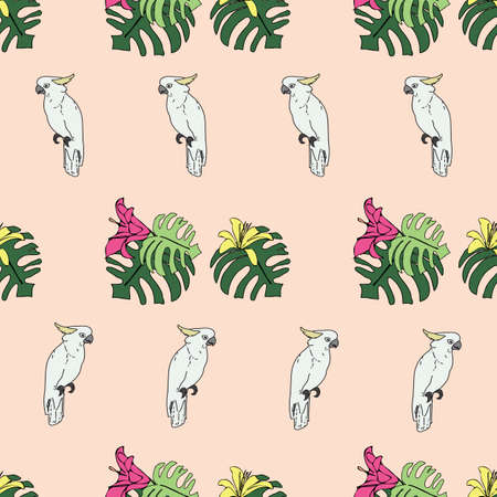 Vector pastel pink, peach background tropical birds, parrots, exotic cheese plant, monstera, hibiscus flowers. Seamless pattern backgroundのイラスト素材