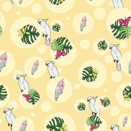 Vector pastel yellow background tropical birds, parrots, exotic cheese plant, monstera, hibiscus flowers. Seamless pattern backgroundのイラスト素材