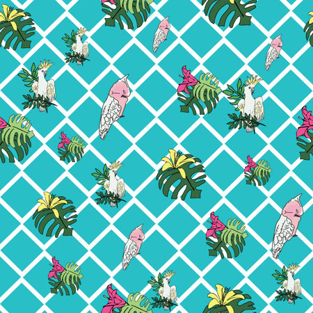 Vector blue background tropical birds, parrots, exotic cheese plant, monstera, hibiscus flowers....