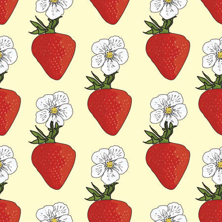 Vector pastel yellow background garden strawberries, berry flowers, berries fruits. Seamless pattern backgroundのイラスト素材