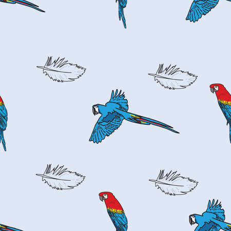 Vector blue background tropical birds, parrots, macaw, exotic cockatoo birds. Seamless pattern backgroundのイラスト素材