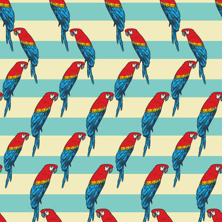 Vector blue background tropical birds, parrots, macaw, exotic cockatoo birds. Seamless pattern backgroundのイラスト素材