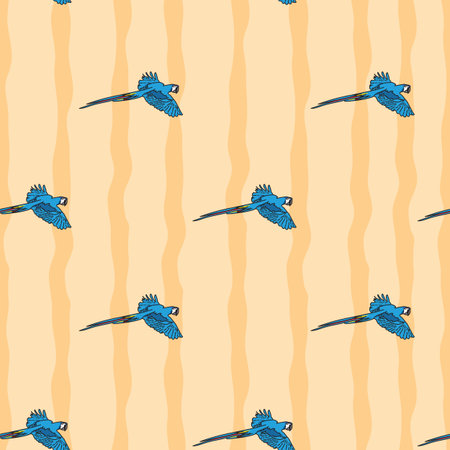 Vector orange background tropical birds, parrots, macaw, exotic cockatoo birds. Seamless pattern...