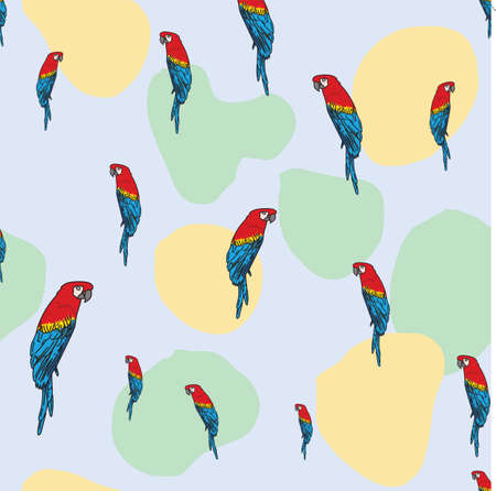 Vector blue background tropical birds, parrots, macaw, exotic cockatoo birds. Seamless pattern backgroundのイラスト素材