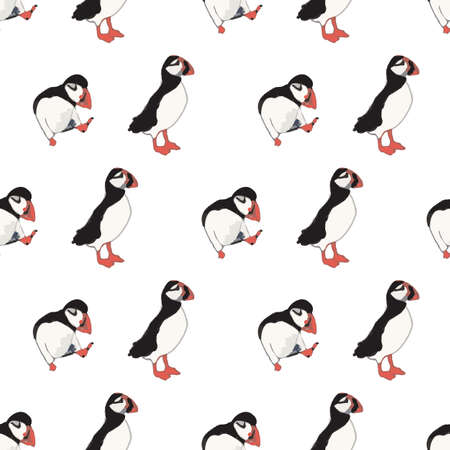 Vector white background ocean seabird, arctic birds, puffins. Seamless pattern backgroundのイラスト素材