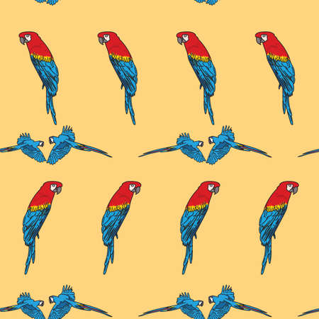Vector orange background tropical birds, parrots, macaw, exotic cockatoo birds. Seamless pattern backgroundのイラスト素材