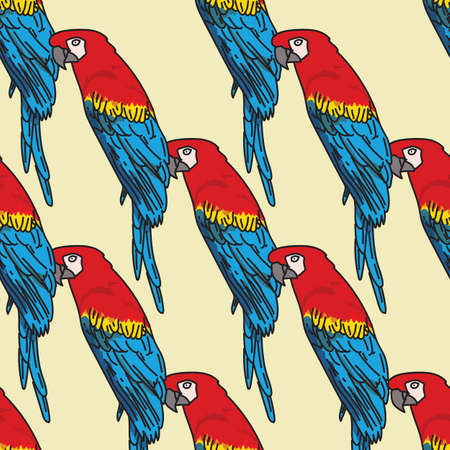 Vector orange background tropical birds, parrots, macaw, exotic cockatoo birds. Seamless pattern backgroundのイラスト素材
