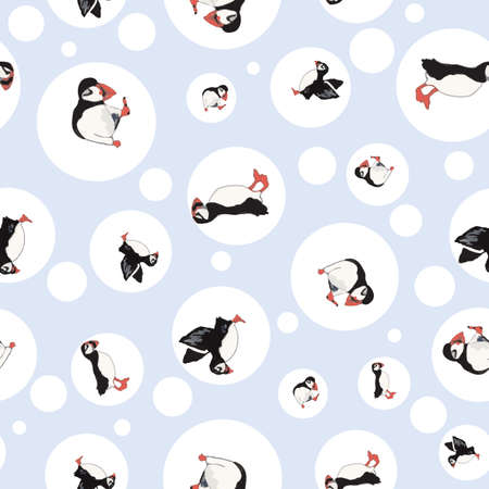 Vector blue background ocean seabird, arctic birds, puffins. Seamless pattern backgroundのイラスト素材