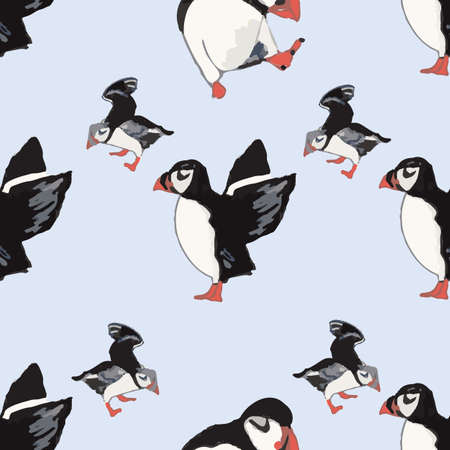 Vector blue background ocean seabird, arctic birds, puffins. Seamless pattern backgroundのイラスト素材