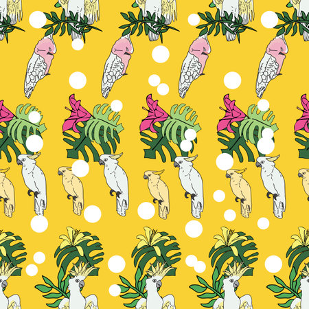 Vector yellow background tropical birds, parrots, exotic cheese plant, monstera, hibiscus flowers. Seamless pattern backgroundのイラスト素材