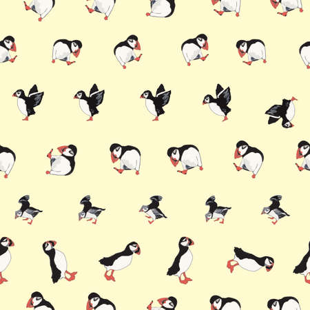 Vector yellow background ocean seabird, arctic birds, puffins. Seamless pattern backgroundのイラスト素材