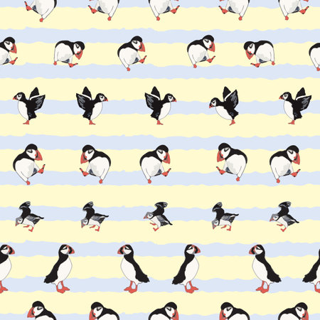 Vector yellow background ocean seabird, arctic birds, puffins. Seamless pattern backgroundのイラスト素材