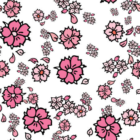 Vector white background white pink cherry tree flowers and cherry blossom sakura flowers. Seamless pattern backgroundのイラスト素材
