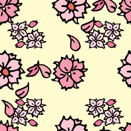 Vector yellow background white pink cherry tree flowers and cherry blossom sakura flowers. Seamless pattern backgroundのイラスト素材