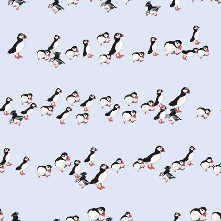 Vector blue background ocean seabird, arctic birds, puffins. Seamless pattern backgroundのイラスト素材