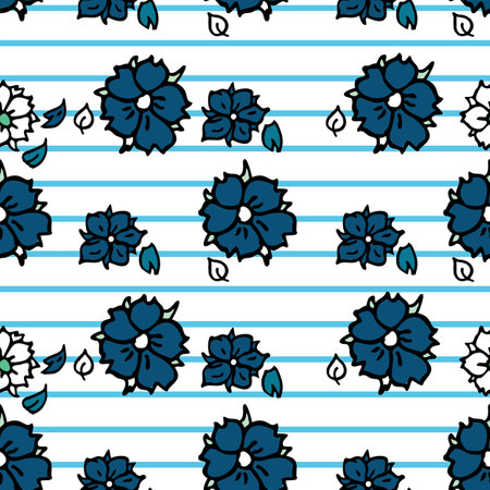Vector blue background white pink cherry tree flowers and cherry blossom sakura flowers. Seamless pattern backgroundのイラスト素材
