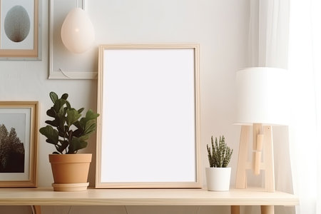 Photo mock-up of a white wooden A3 picture frame in modern Scandinavian style living room, bright lighting, AI Generative. Good for art painting presentation.の素材