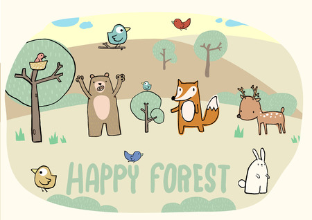 Happy forest and funny animal collection,bird,fox,bear,deer,rabbitのイラスト素材