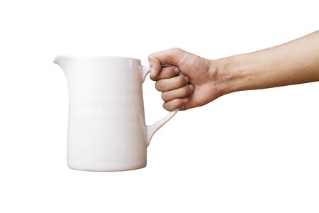 Man hand hold white jar on white backgroundの写真素材