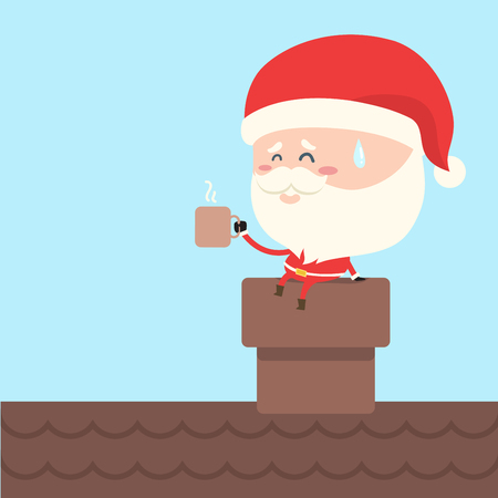 santa claus take coffee break sit on chimneyのイラスト素材