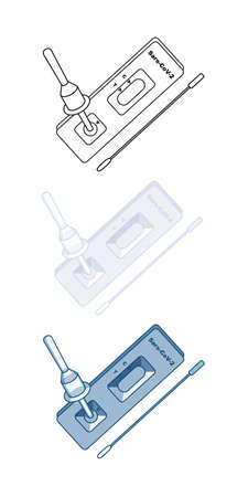 Covid-19 Rapid Antigen Testing trio vector illustration in outline and color versionのイラスト素材