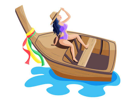 A Tourist girl in Swimming suit posing on long tail boat vector illustration in color versionのイラスト素材