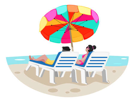 A couple Relaxing on beach chair under a colorful umbrella vector illustration in color versionのイラスト素材