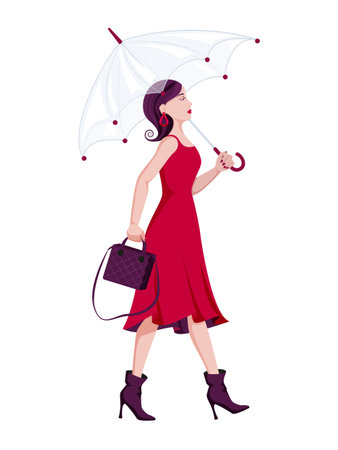 A beautiful woman in red dress walking with umbrella vector illustration in color versionのイラスト素材
