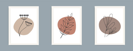 A set of posters in trendy boho colors. Hand drawn Abstract elements flowers and leaves. Collection of contemporary art posters. Minimalism style. Trendy design for social media, postcards, print.のイラスト素材