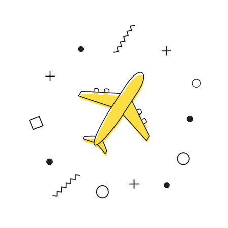Airplane icon vector. Yellow plane icon with geometric shapes on white background. Flight transport...