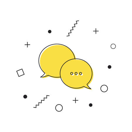 Chat bubble icon vector. Yellow message symbol icon with geometric shapes on white background. Chatting or messaging bubbles with dots flat icon apps and websites. Vectorのイラスト素材
