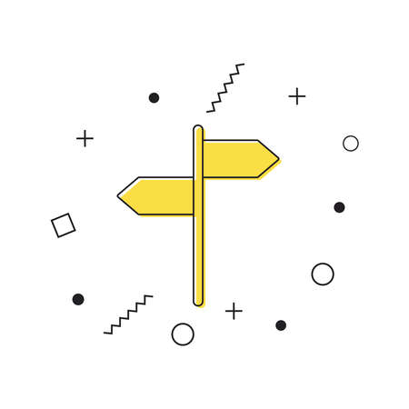 Signpost icon vector. Yellow road sign icon with geometric shapes on white background. Road direction sign simple line symbol. Vectorのイラスト素材