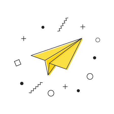 Paper airplane icon vector. Yellow sending message icon with geometric shapes on white background. Vector illustrationのイラスト素材
