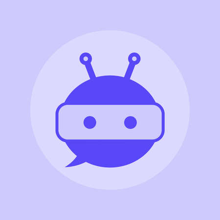 Robot in purple speech bubble. Cute robot icon in speech bubble. Support service bot. Vectorのイラスト素材