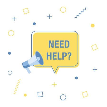 Need help symbol. Megaphone banner. Support service sign. Faq information. Loudspeaker with speech bubble. Need help sign. Marketing and advertising tag. Vectorのイラスト素材