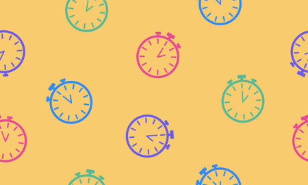 Colorful line stopwatch icon isolated seamless pattern on yellow background. Time timer sign....
