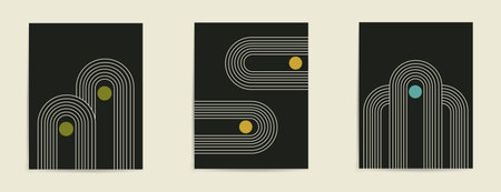 Modern abstract covers set, minimal covers design. Mid century modern minimalist art print. Boho wall decor. Colorful geometric background, vectorのイラスト素材