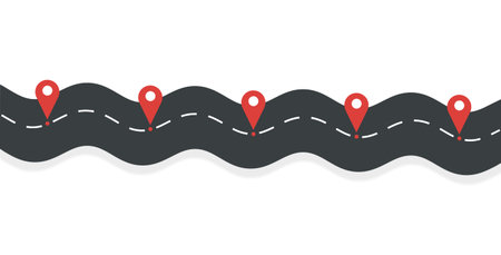 Flat road with pins. Highway for route of journey on isolated background. Asphalt street for infographic. Design traffic trip template. Vector illustrationのイラスト素材