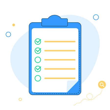 Checklist. Clipboard with check list and check marks. Marking checkboxes. Green checkmarks. Flat design. Vector illustrationのイラスト素材