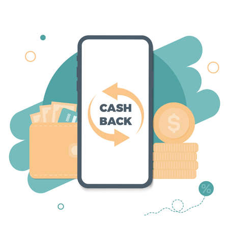 Online cashback concept. Saving money. Phone screen with cash back. Money transfer. Online banking flat illustration. Saving money. Money refund. Shopping onlineのイラスト素材