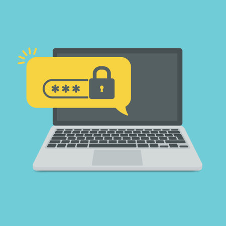 Laptop with password notification and lock icon vector illustration isolated on white, concept of security notice, personal access, user authorization note, login form icon, internet protection alertのイラスト素材