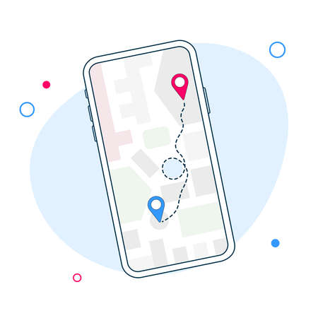 Map GPS navigation. Smartphone map application and red pinpoint on screen. App search map navigation, isolated on line maps background. Vectorのイラスト素材