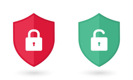 Padlock icon flat, locked and unlocked, flat design vector illustration. Shield security with lock symbol. Protection, safety, password securityのイラスト素材