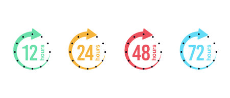 12, 24, 48 and 72 hours clock arrow. Vector work time effect or delivery service time icons. Vector