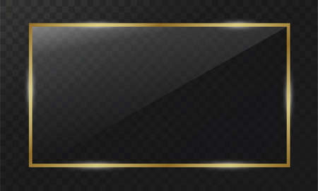 Gold shiny glowing vintage frame with shadows isolated on transparent background. Golden luxury realistic rectangle border. Vector illustration.のイラスト素材