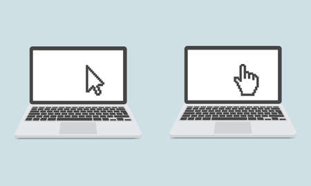 Laptop with pointer or cursor icon isolated. Notebook screen template.のイラスト素材