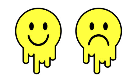 Melting smile. Dripping smile. Smile icon. Yellow smile. Good mood. Positive emoji. Flowing liquid. Sad face. Vector emoji. Emoji faceのイラスト素材