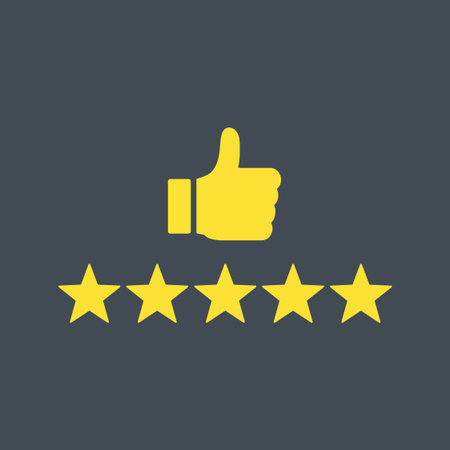 Thumb up and five stars rating. Vector illustration flat.のイラスト素材